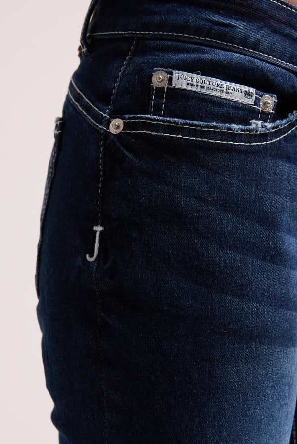 MID WASH DIAMANTE LOW RISE FLARE JEAN