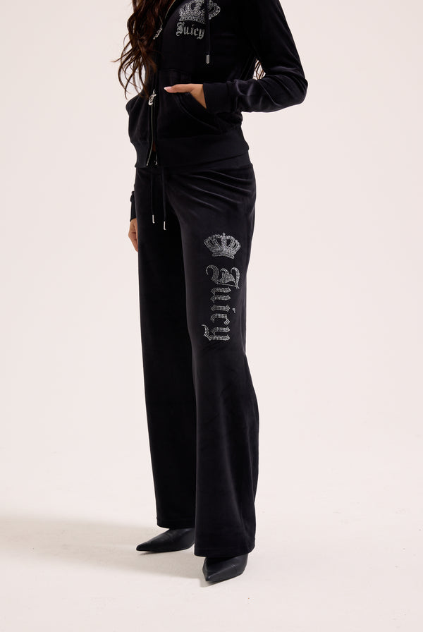 BLACK DIAMANTE CROWN OG STRAIGHT LOW RISE VELOUR BOTTOMS
