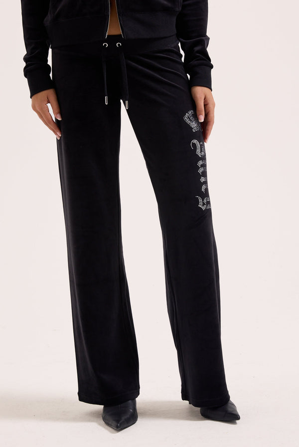 BLACK DIAMANTE CROWN OG STRAIGHT LOW RISE VELOUR BOTTOMS