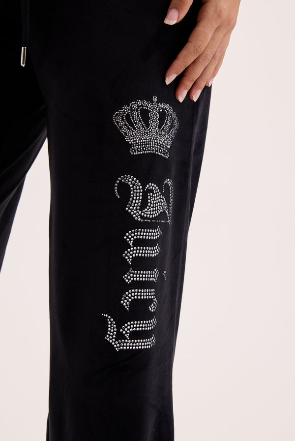 BLACK DIAMANTE CROWN OG STRAIGHT LOW RISE VELOUR BOTTOMS