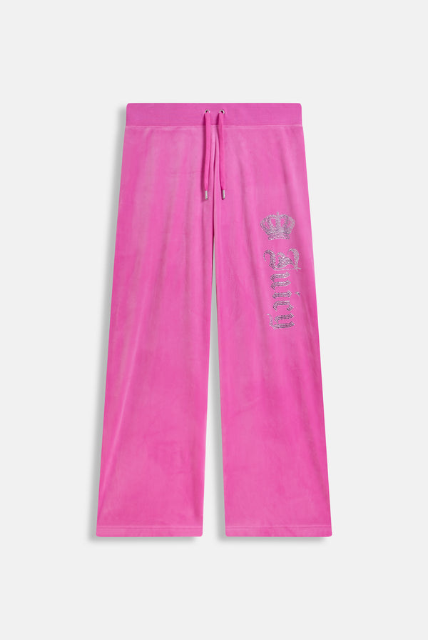 SUPER PINK DIAMANTE CROWN OG STRAIGHT LOW RISE VELOUR BOTTOMS