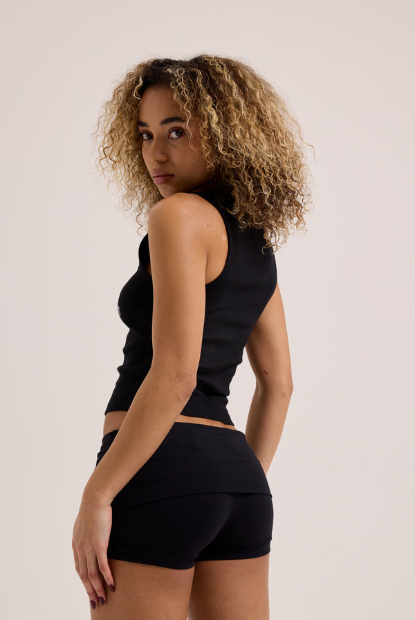 BLACK LUXURY JERSEY ROLL DOWN DIAMANTE SHORTS