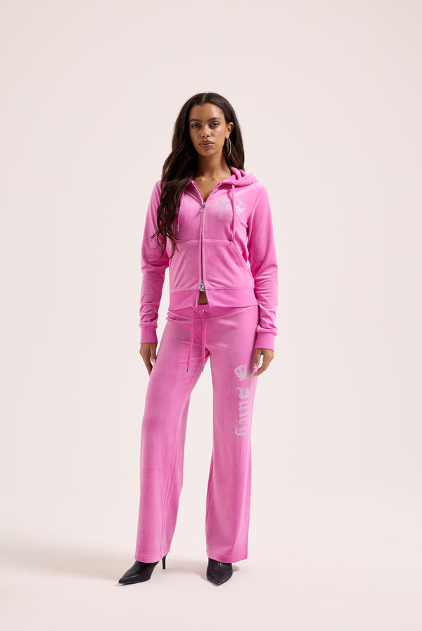 SUPER PINK DIAMANTE CROWN OG STRAIGHT LOW RISE VELOUR BOTTOMS