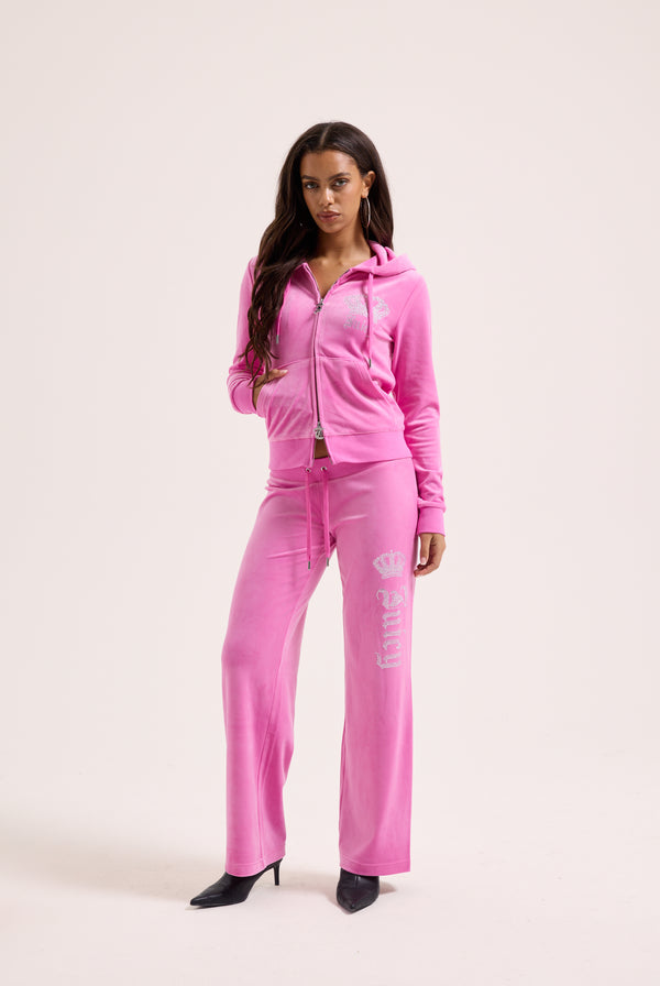 SUPER PINK DIAMANTE CROWN OG STRAIGHT LOW RISE VELOUR BOTTOMS