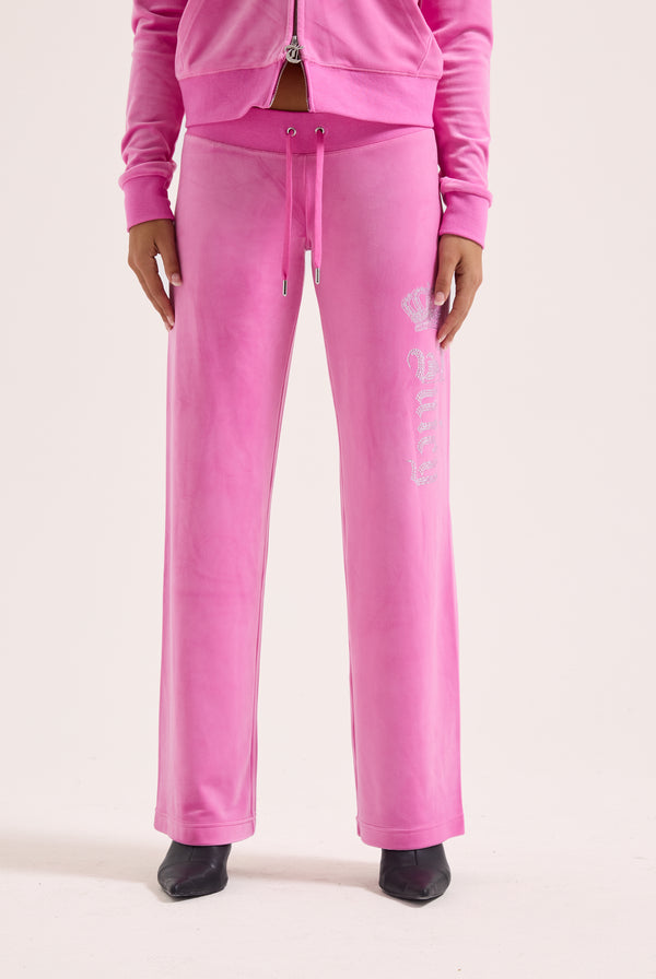 SUPER PINK DIAMANTE CROWN OG STRAIGHT LOW RISE VELOUR BOTTOMS