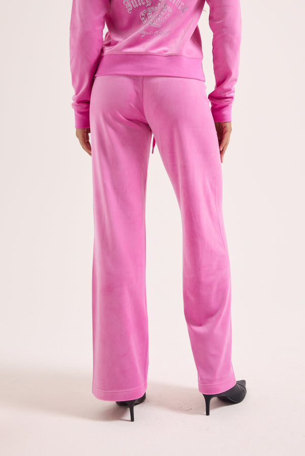 SUPER PINK DIAMANTE CROWN OG STRAIGHT LOW RISE VELOUR BOTTOMS