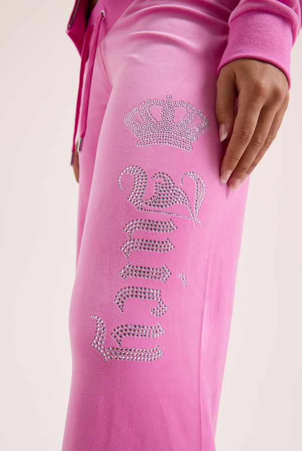 SUPER PINK DIAMANTE CROWN OG STRAIGHT LOW RISE VELOUR BOTTOMS
