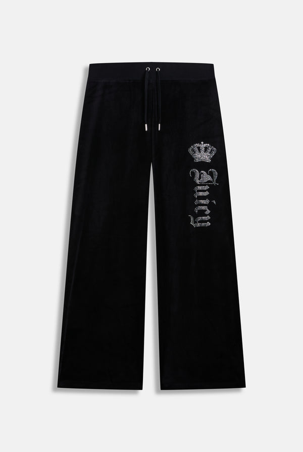 BLACK DIAMANTE CROWN OG STRAIGHT LOW RISE VELOUR BOTTOMS