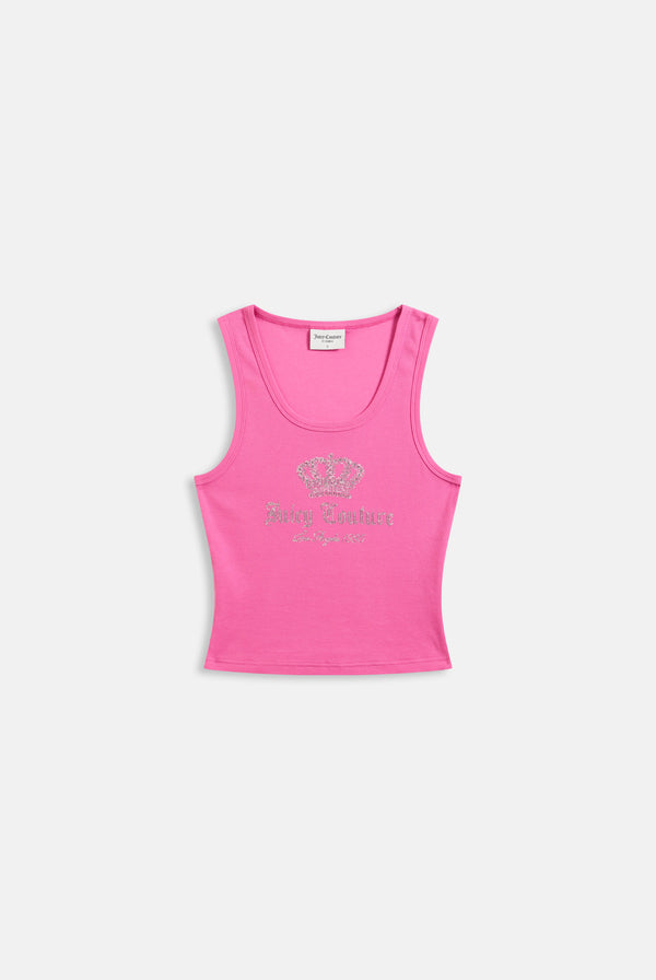 Displays the super pink 'juicy' branded ribbed diamanté crown vest 
