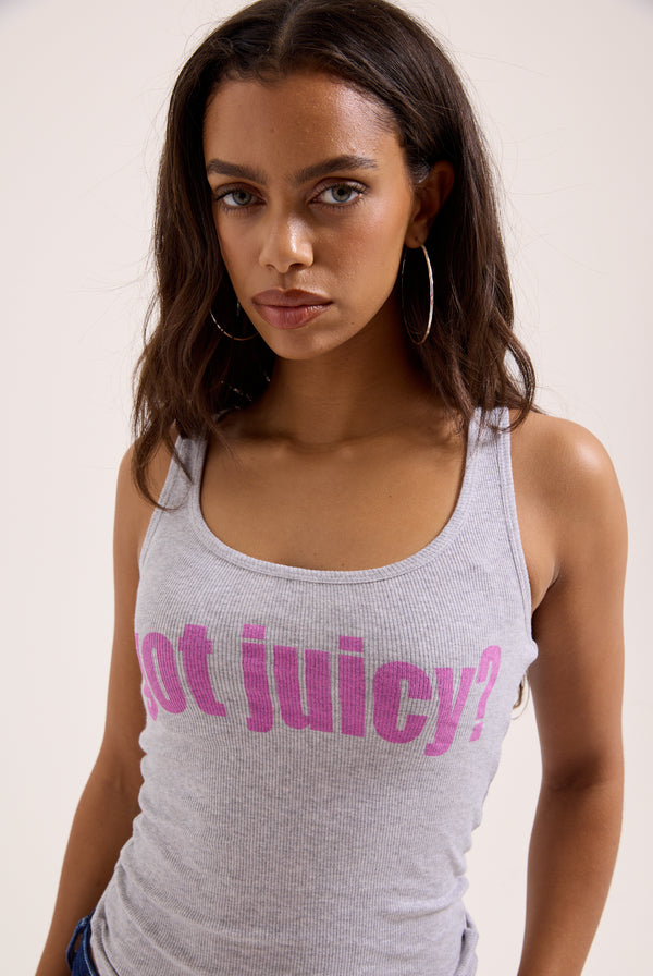 Displays a model wearing the silver marl 'Juicy' branded Got Juicy rib vest