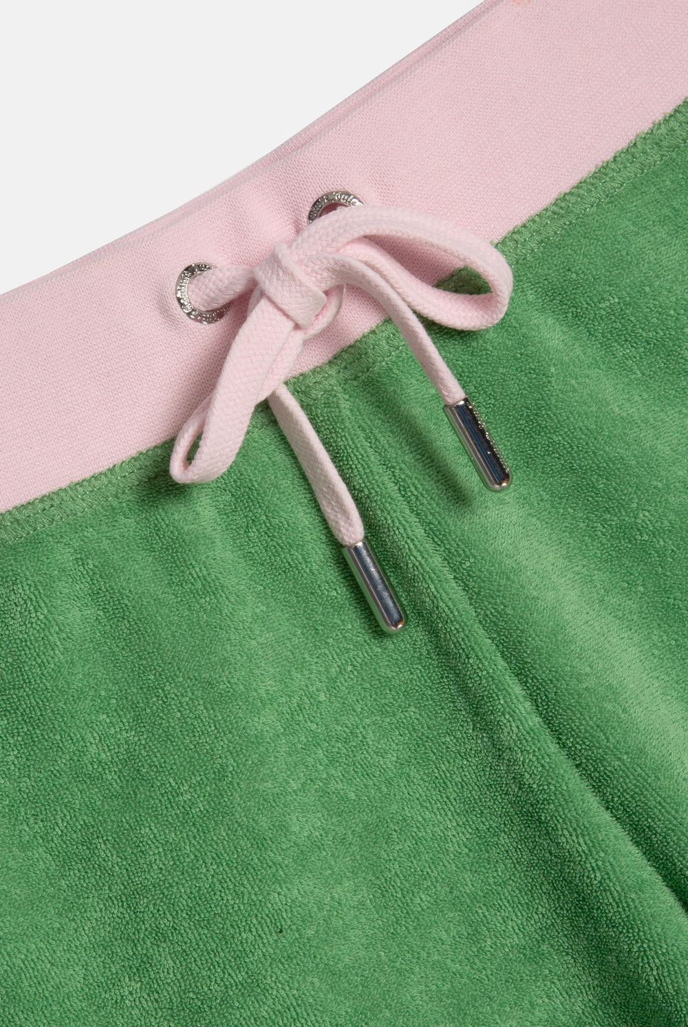 Displays the Peppermint Appliqué 'Juicy' branded Terry booty shorts 