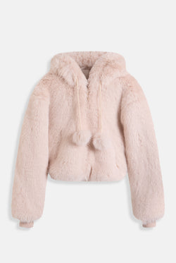 Displays the cream hooded 'Juicy' branded faux fur jacket 