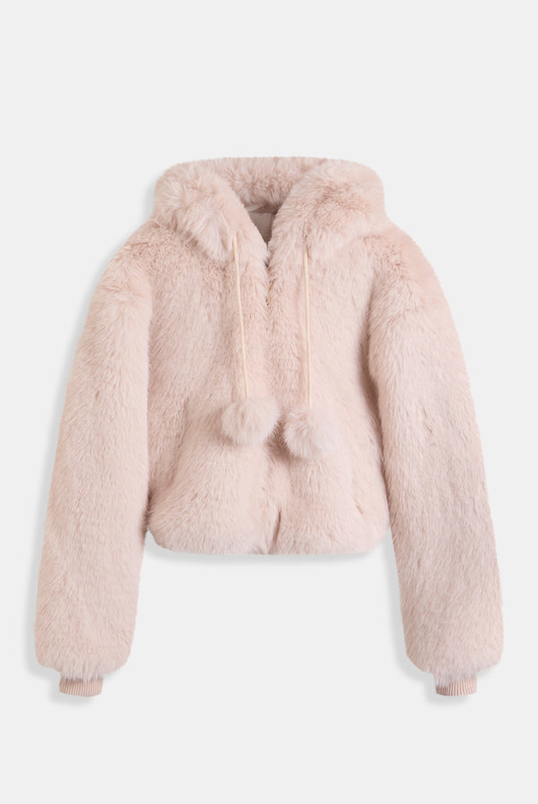 CREAM HOODED FAUX FUR JACKET