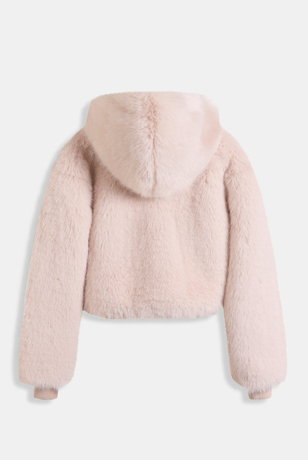 CREAM HOODED FAUX FUR JACKET