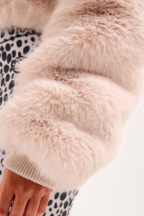 CREAM HOODED FAUX FUR JACKET