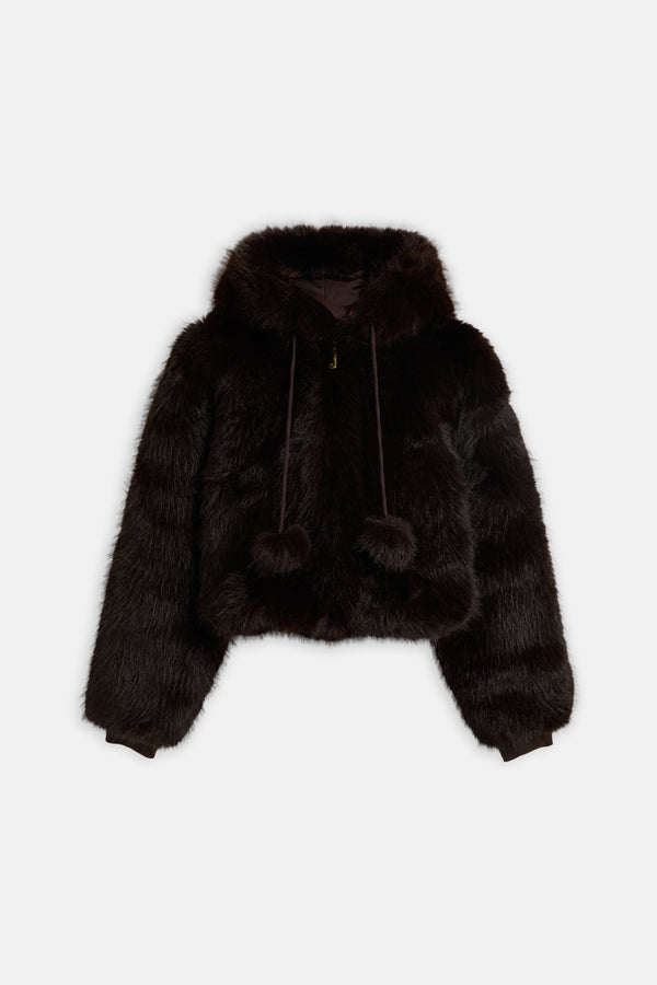 Displays the Java 'Juicy' branded Hooded Faux Fur Jacket