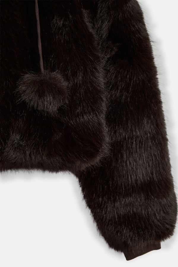 Displays the Java 'Juicy' branded Hooded Faux Fur Jacket