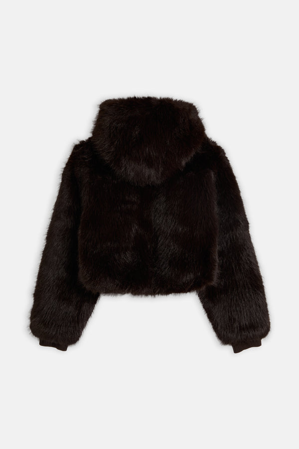 Displays the Java 'Juicy' branded Hooded Faux Fur Jacket
