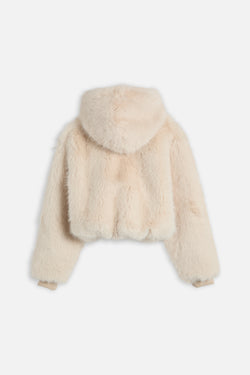 Displays the Natural 'Juicy' branded Fur Hooded Faux Fur Jacket
