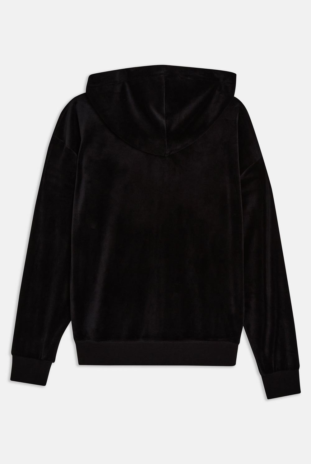 Displays the black classic 'Juicy' branded velour oversized hoodie
