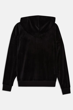 Displays the black classic 'Juicy' branded velour oversized hoodie