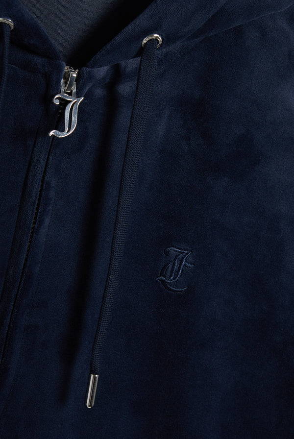 Displays the Night Sky 'Juicy' branded classic velour oversized hoodie featuring the Juicy couture branding 