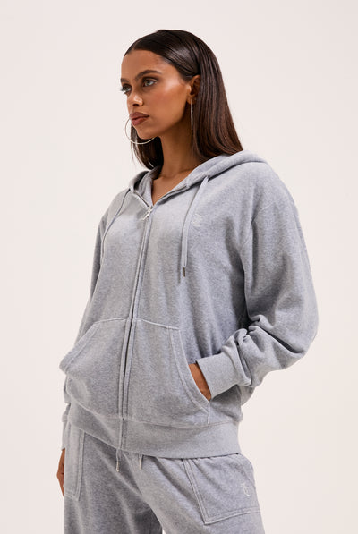 SILVER MARL COTTON VELOUR OVERSIZED HOODIE