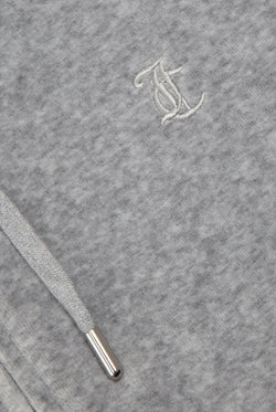 Displays the Silver Marl 'Juicy' branded Cotton velour oversized hoodie featuring the Juicy Couture logo