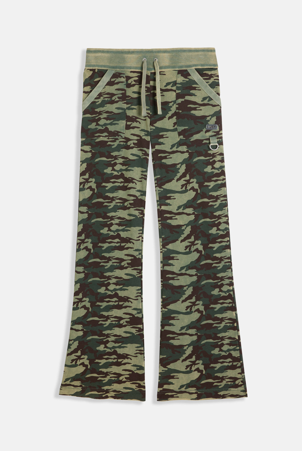 Displays the Camo Print 'Juicy' branded washed cotton low rise track bottoms