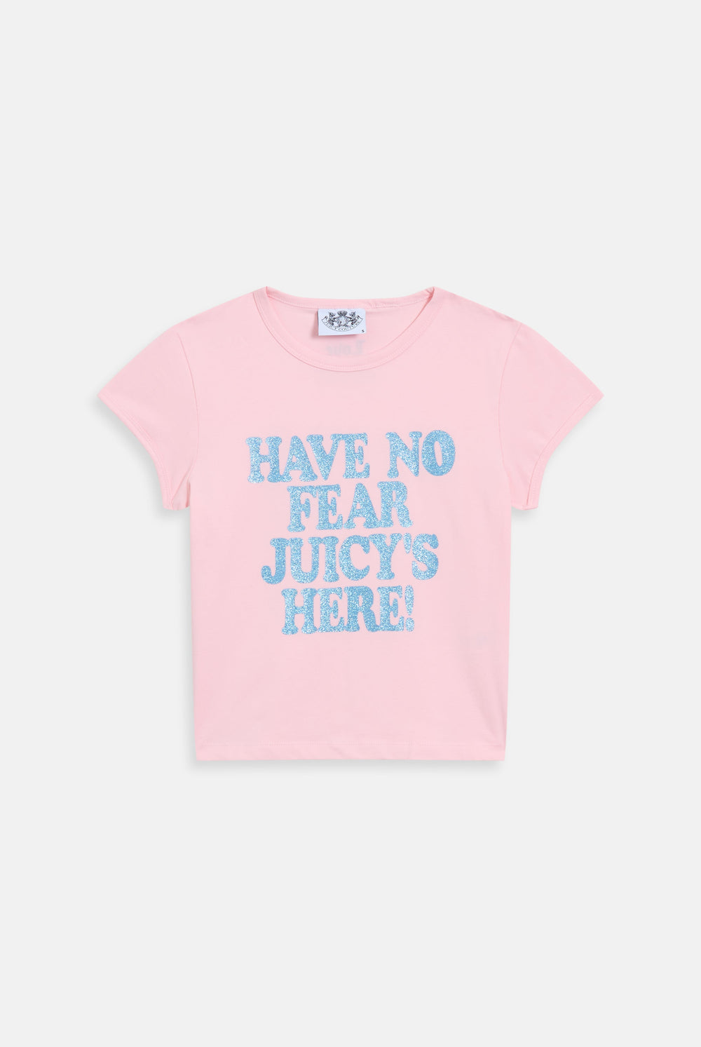 Displays the the Icons Juicy Pink 'Juicy' branded have no fear baby tee 