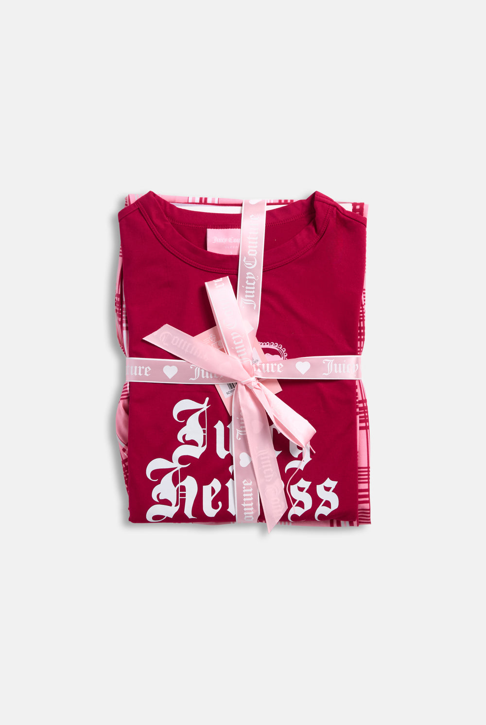 Displays the Persian Red 'Juicy' branded Heiress Pyjama Set featuring the packaging 