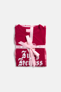 Displays the Persian Red 'Juicy' branded Heiress Pyjama Set featuring the packaging 