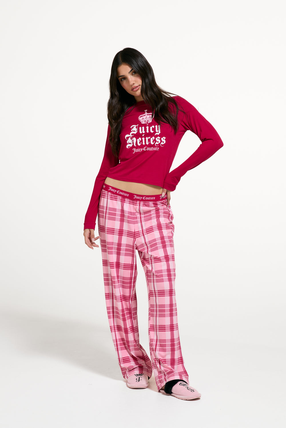 Displays a model wearing the Persian Red 'Juicy' branded Heiress Pyjama Set