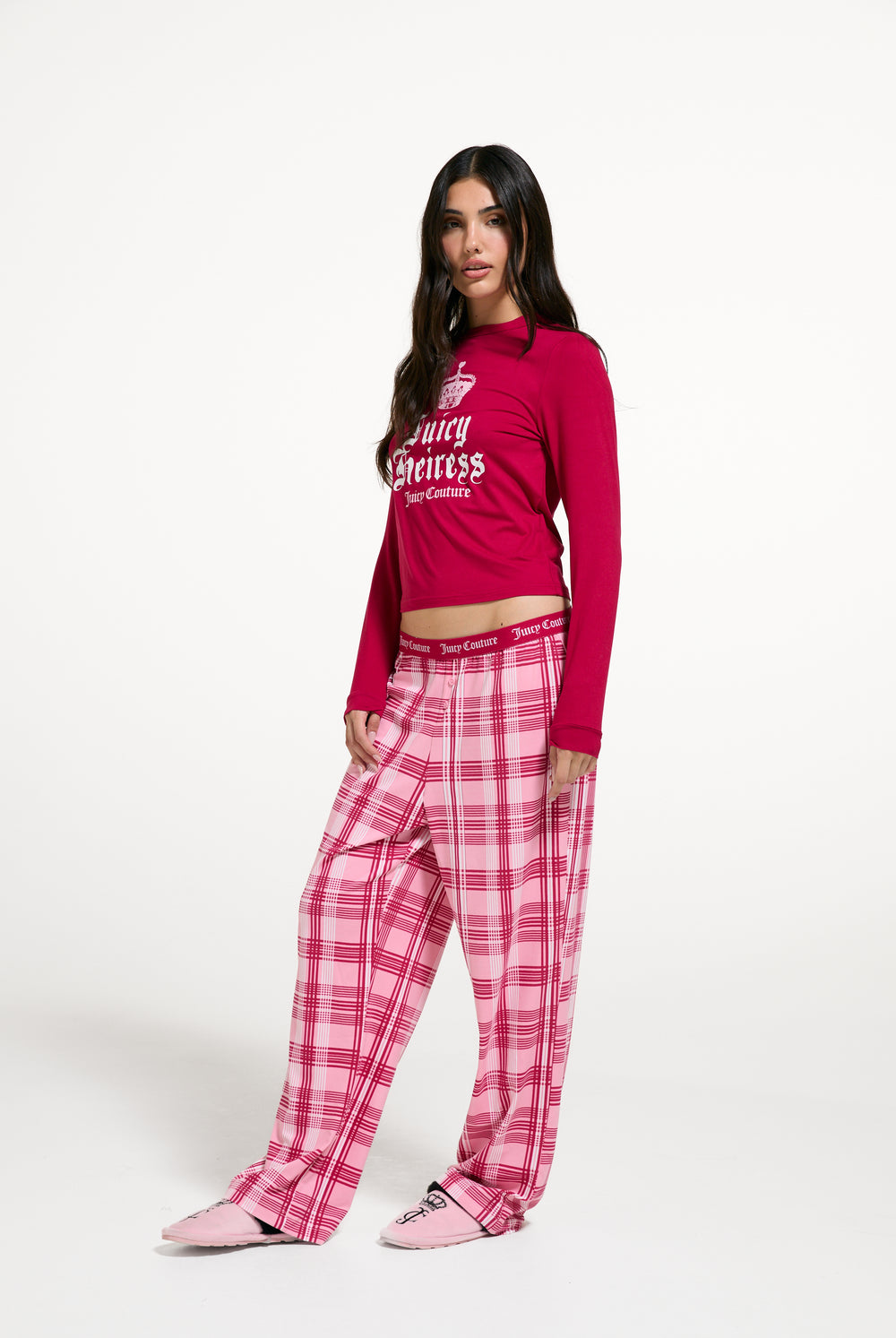 Displays a model wearing the Persian Red 'Juicy' branded Heiress Pyjama Set