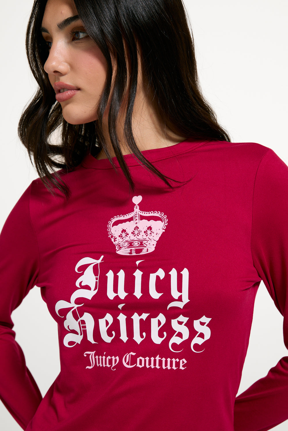Displays a model wearing the Persian Red 'Juicy' branded Heiress Pyjama Set
