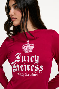 Displays a model wearing the Persian Red 'Juicy' branded Heiress Pyjama Set