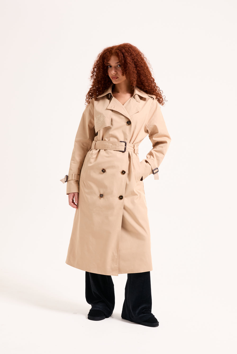 CAMEL COTTON TWILL TRENCH COAT