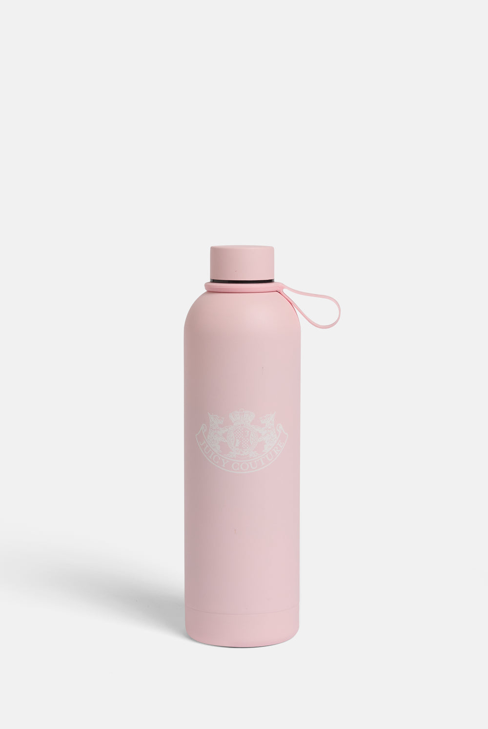 Displays the Pink 'Juicy' branded heritage crest water bottle 