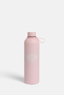 Displays the Pink 'Juicy' branded heritage crest water bottle 