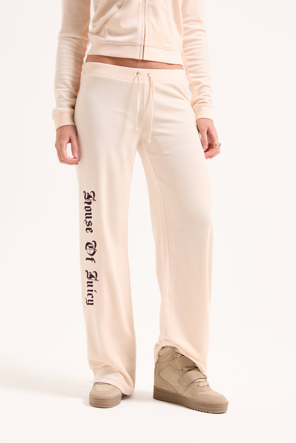 PINK CHAMPAGNE HOUSE OF JUICY ULTRA LOW RISE BAMBOO VELOUR HERITAGE BOTTOMS