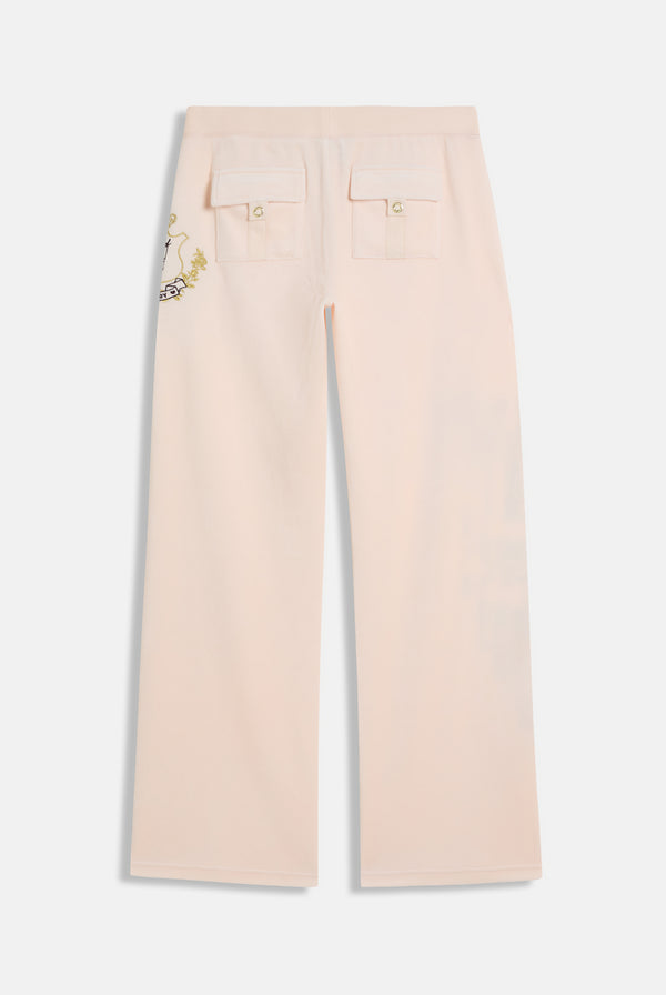 PINK CHAMPAGNE HOUSE OF JUICY ULTRA LOW RISE BAMBOO VELOUR HERITAGE BOTTOMS