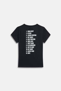 Displays the Black 'Juicy' branded HOW TO BE A JUICY GIRL T-SHIRT