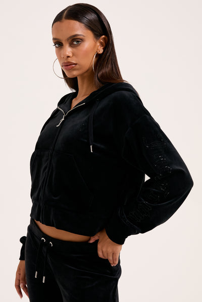 BLACK OUTLINE DIAMANTE OVERSIZED CROPPED HOODIE