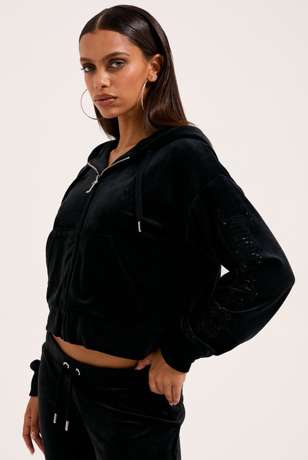 BLACK OUTLINE DIAMANTE OVERSIZED CROPPED HOODIE