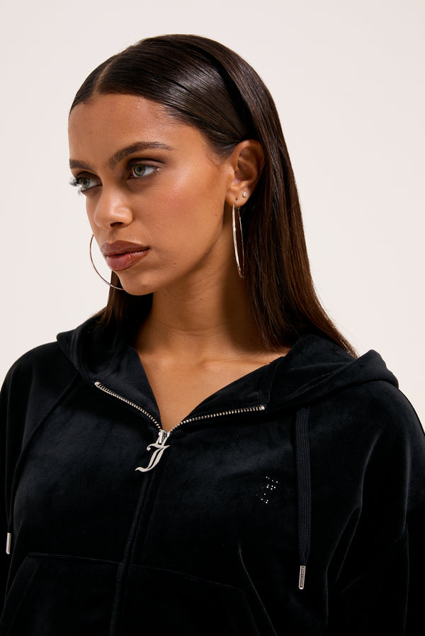 BLACK OUTLINE DIAMANTE OVERSIZED CROPPED HOODIE