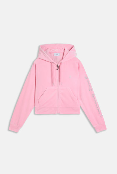 JUICY PINK DIAMANTE OVERSIZED CROPPED VELOUR HOODIE