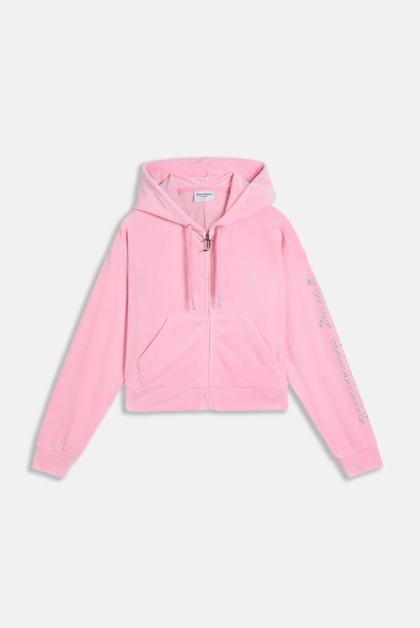 JUICY PINK DIAMANTE OVERSIZED CROPPED VELOUR HOODIE