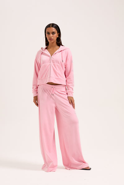JUICY PINK OUTLINE DIAMANTE WIDE LEG VELOUR TRACK PANT