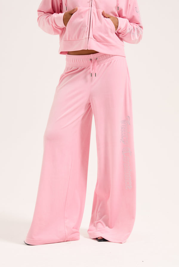 JUICY PINK OUTLINE DIAMANTE WIDE LEG VELOUR TRACK PANT