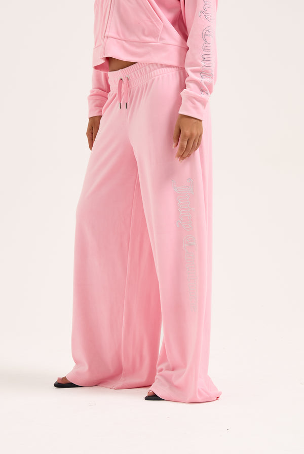 JUICY PINK OUTLINE DIAMANTE WIDE LEG VELOUR TRACK PANT